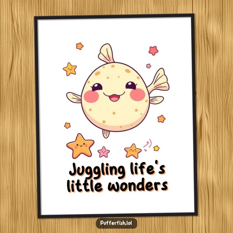 Funny Free Printable Kawaii Pufferfish Wall Art, juggling colorful sea stars with skill.
