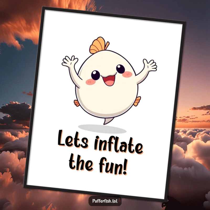 Funny free printable wall art: A pufferfish joyfully dances with arms waving energetically, radiating pure happiness. Quirky decor.