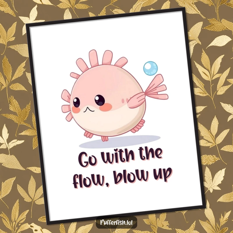 Funny Free Printable Wall Art: Amusing pufferfish in blue ocean playfully chasing a tiny sparkling bubble, cheerful decor.