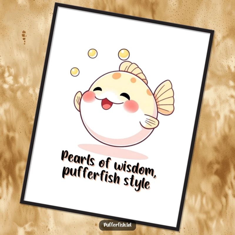 Funny Free Printable Wall Art: A cheerful pufferfish enthusiastically juggling three shimmering pearls, adding whimsical charm to any space.