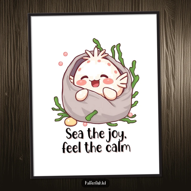 Funny Free Printable Wall Art: A charming kawaii pufferfish giggling sweetly while wrapped in a plush seaweed blanket, radiating comfort and cheer.