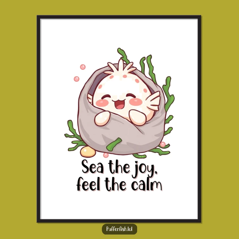 Free Printable Wall Art: Giggling Kawaii Pufferfish Cozy Scene, Funny Downloadable Decor