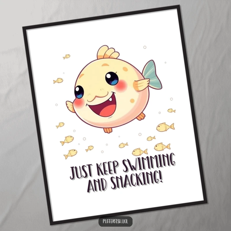 Funny Free Printable Wall Art: A cheerful pufferfish gleefully chases a school of tiny shimmering fish, bringing playful vibes to your home.