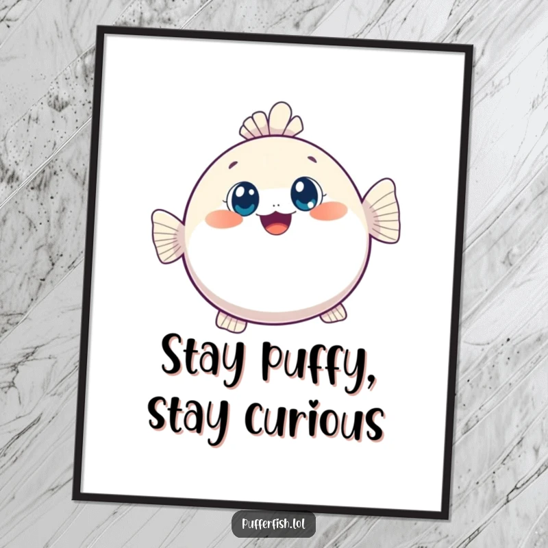 Funny Free Printable Wall Art: A kawaii pufferfish joyfully inflates, its wide, curious eyes full of wonder, creating cute underwater art.