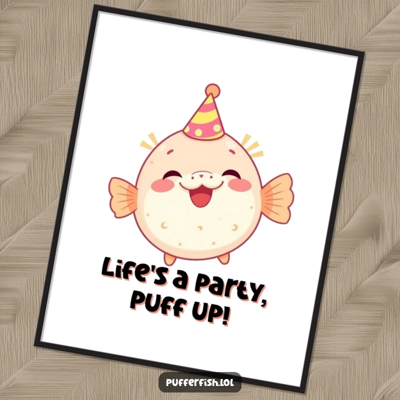 Funny Free Printable Wall Art: A cute pufferfish character wearing a tiny party hat giggles gleefully, creating a festive and humorous scene.