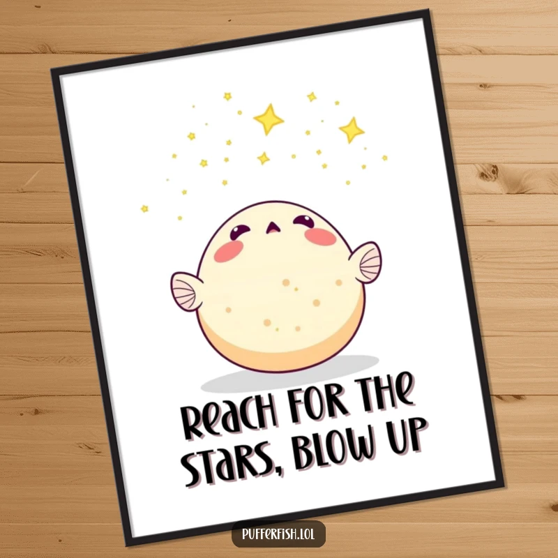Funny Free Printable Wall Art: Pufferfish looking amazed at a meteor shower of tiny stars, whimsical decor.
