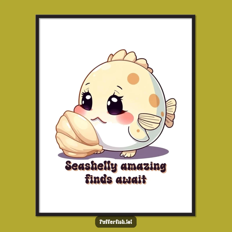 Free Printable Wall Art: Pufferfish's Curious Seashell Inspection - Funny Downloadable Decor