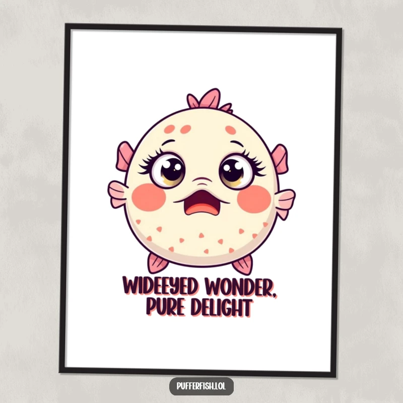 Funny Free Printable Wall Art: A kawaii pufferfish with comically wide eyes and an open mouth expressing utter surprise and amusement.