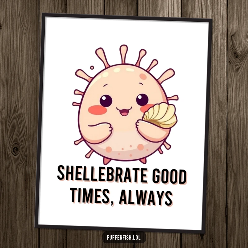 Funny Free Printable Wall Art featuring a cute, waving pufferfish holding out a pretty seashell.