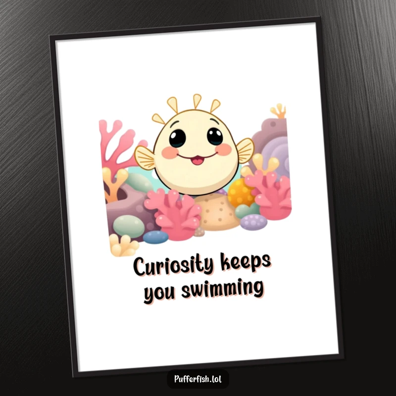 Funny Free Printable Wall Art: A curious pufferfish with a gentle smile peeking out from a colorful and detailed coral reef.