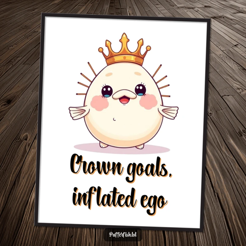 Funny Free Printable Wall Art of a pufferfish attempting to balance a tiny crown on its inflated head, a majestic piece of downloadable art.