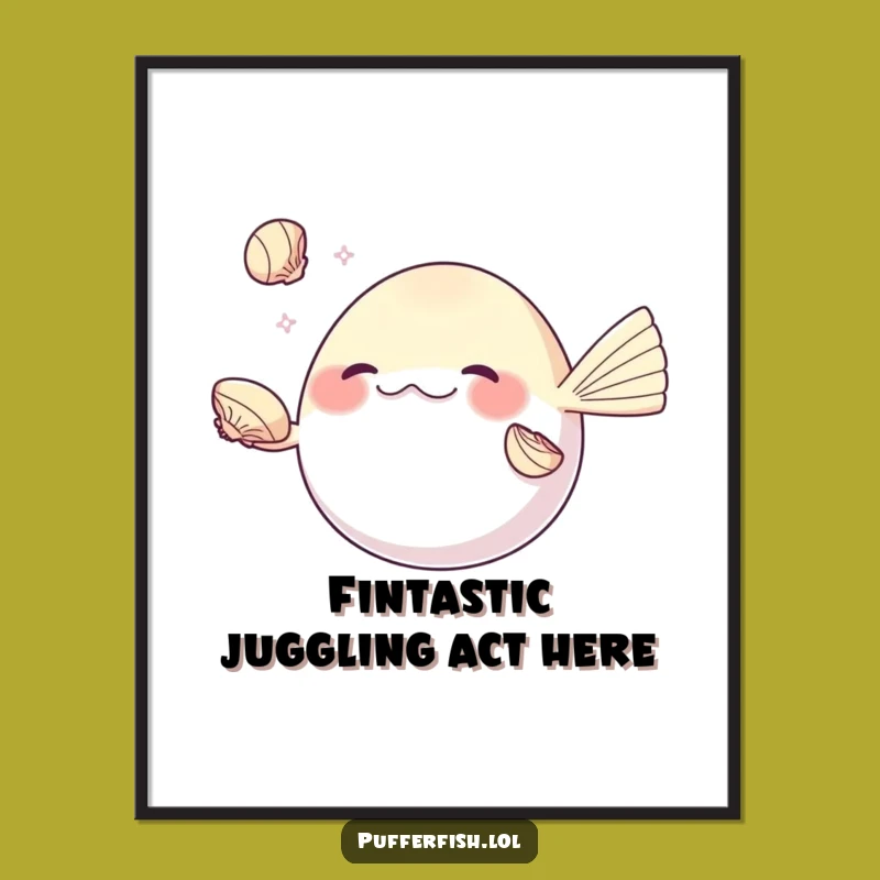 Funny Free Printable Wall Art: Pufferfish Juggling Seashells, Quirky Downloadable Ocean Art