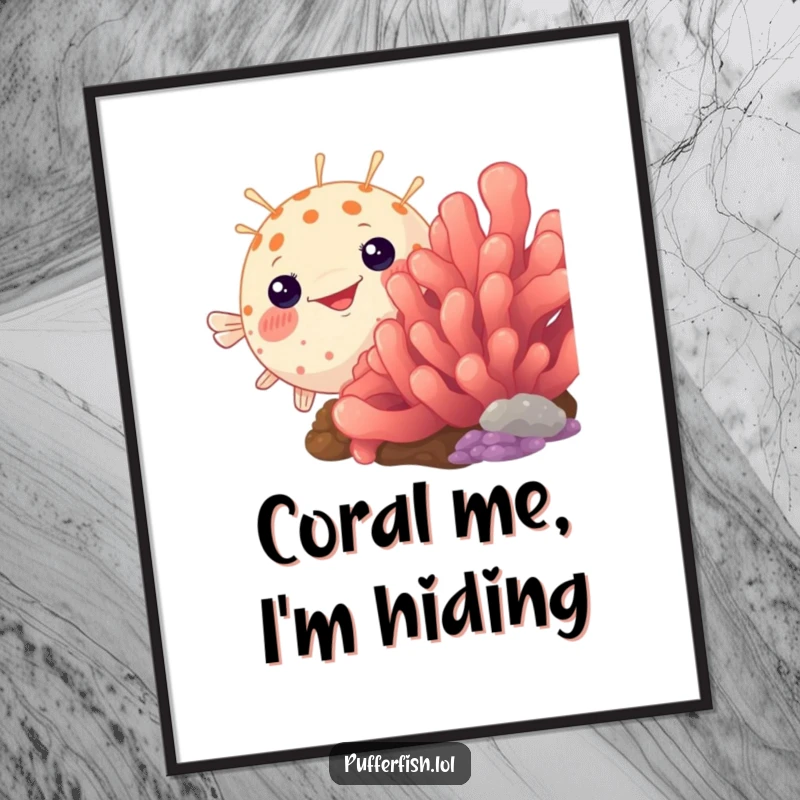 Funny Free Printable Wall Art featuring a pufferfish with a humorous expression peeking from behind a vibrant coral, a downloadable art piece.
