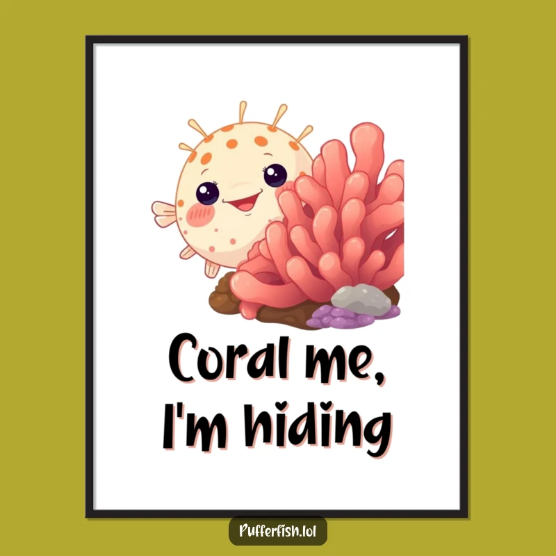 Funny Free Printable Wall Art: Pufferfish Peeking Over Coral, Whimsical Downloadable Art