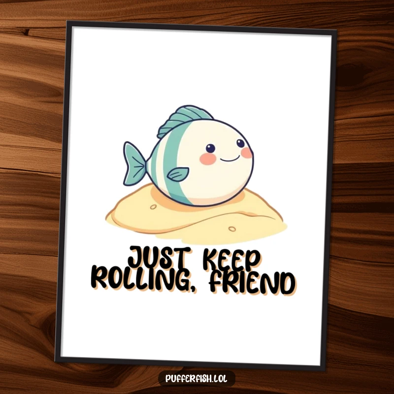 Funny Free Printable Wall Art: A very round fish character rolling down a sandy hill with an expression of pure glee.
