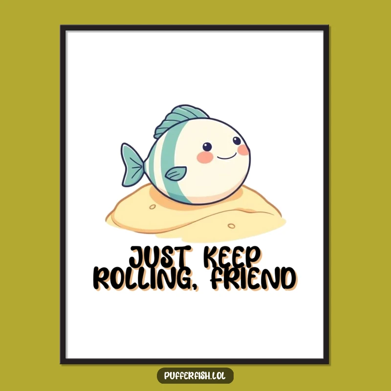 Free Printable Wall Art: Hilarious Round Fish Rolling Downhill - Funny Downloadable Home Decor