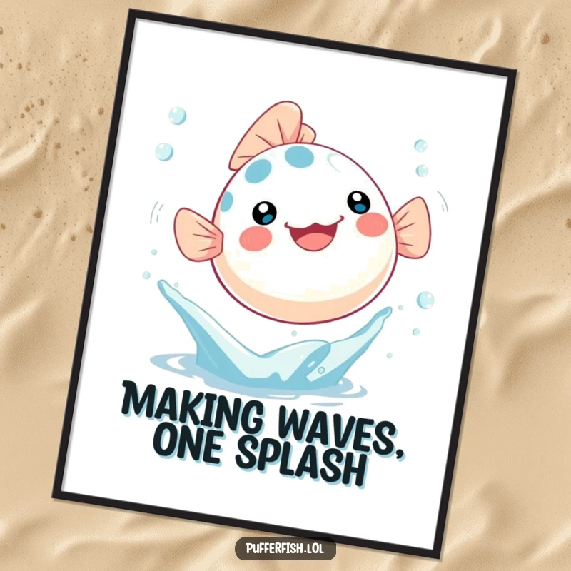 Funny free printable wall art of a cute Kawaii pufferfish joyfully leaping from a water splash, trailing bubbles.