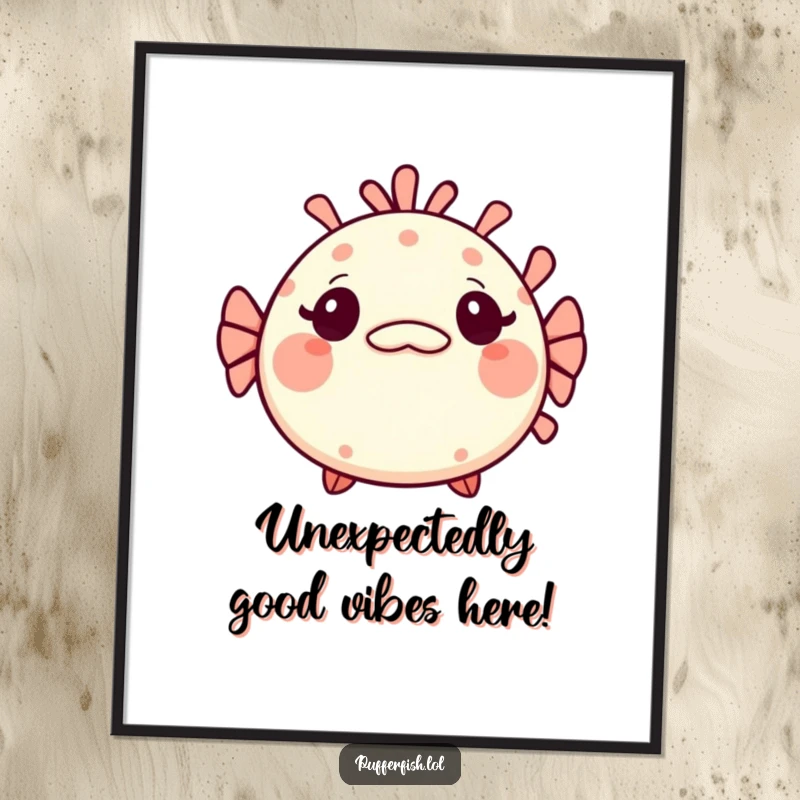 Funny Free Printable Wall Art: Kawaii pufferfish with wide, surprised eyes and a tiny, mischievous grin, adding a playful element.