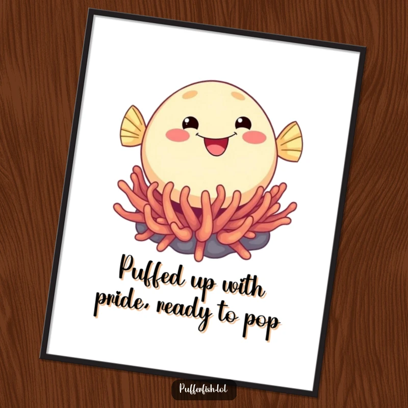 Funny Free Printable Wall Art featuring a cheerful, round pufferfish enthusiastically bouncing on a bright sea anemone.