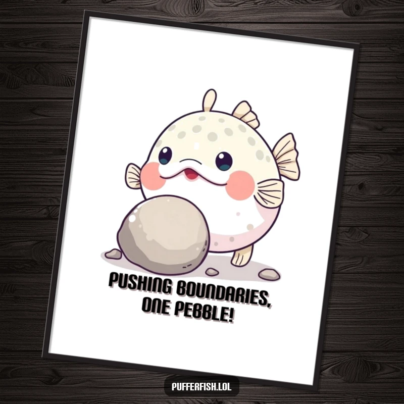 Funny Free Printable Wall Art: A determined pufferfish intently pushes a large, round pebble with its nose, showcasing focused effort humorously.