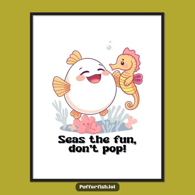 Free Printable Wall Art: Giggling Pufferfish Tickled by Seahorse, Whimsical Downloadable Decor