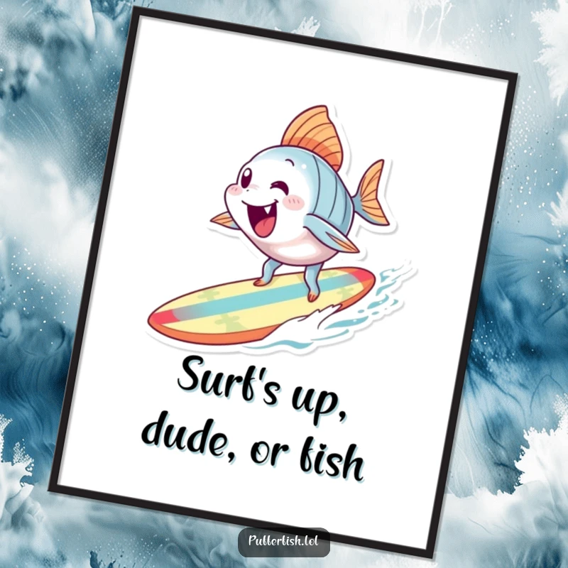 Funny Free Printable Wall Art featuring an excited fish attempting to surf on a small, colorful board, bringing beachy humor indoors.