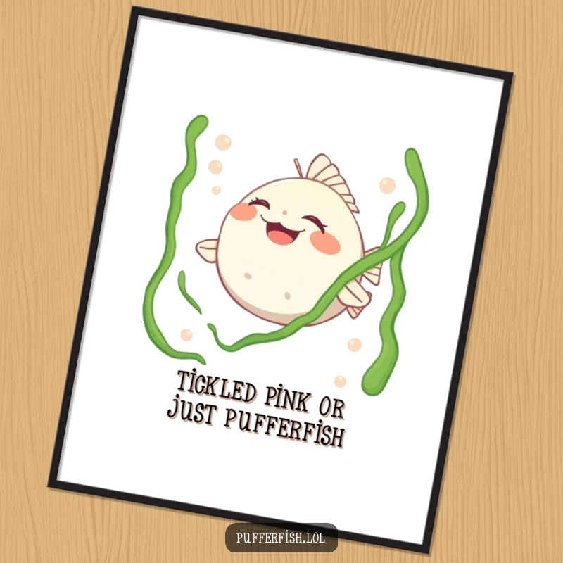 Funny Free Printable Wall Art: A pufferfish character caught in a fit of hearty laughter while seaweed tickles it.
