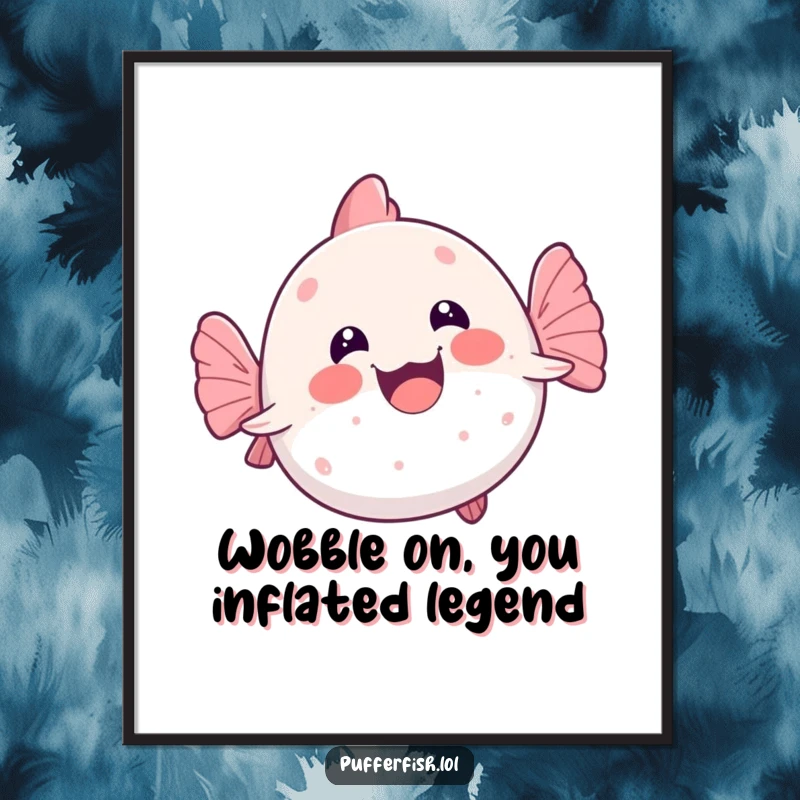 Funny Free Printable Wall Art: Kawaii pufferfish doing a joyful, wobbly swim on its back, bringing quirky vibes.