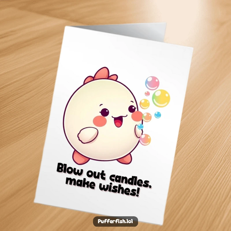 Funny Free Printable Birthday Card: A cheerful kawaii pufferfish joyfully blowing a stream of colorful, happy bubbles, perfect for a birthday wish.