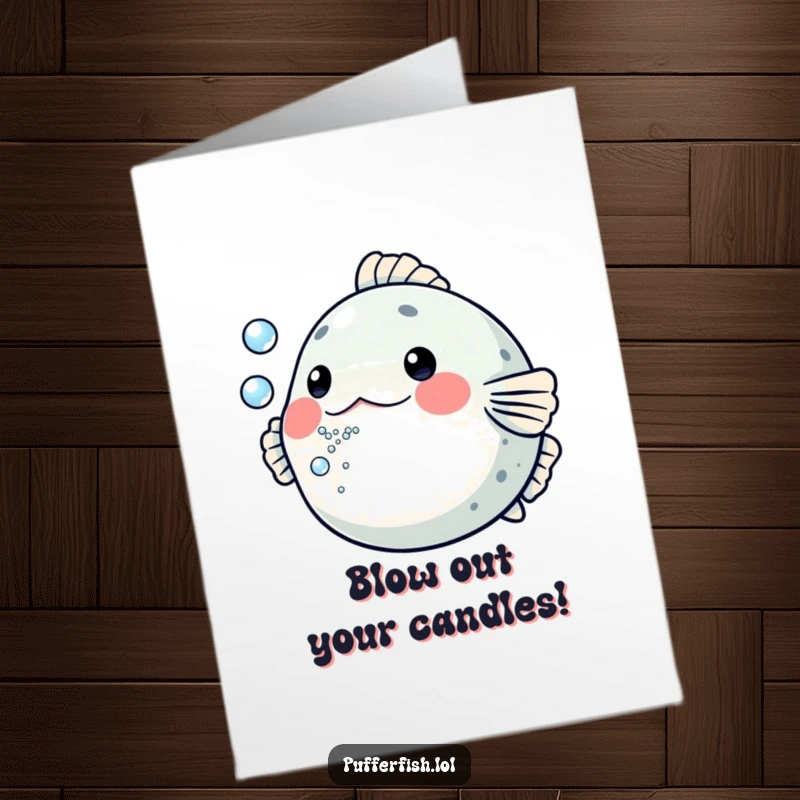 Funny Free Printable birthday card featuring a pufferfish playfully blowing a stream of tiny bubbles directly at the viewer.