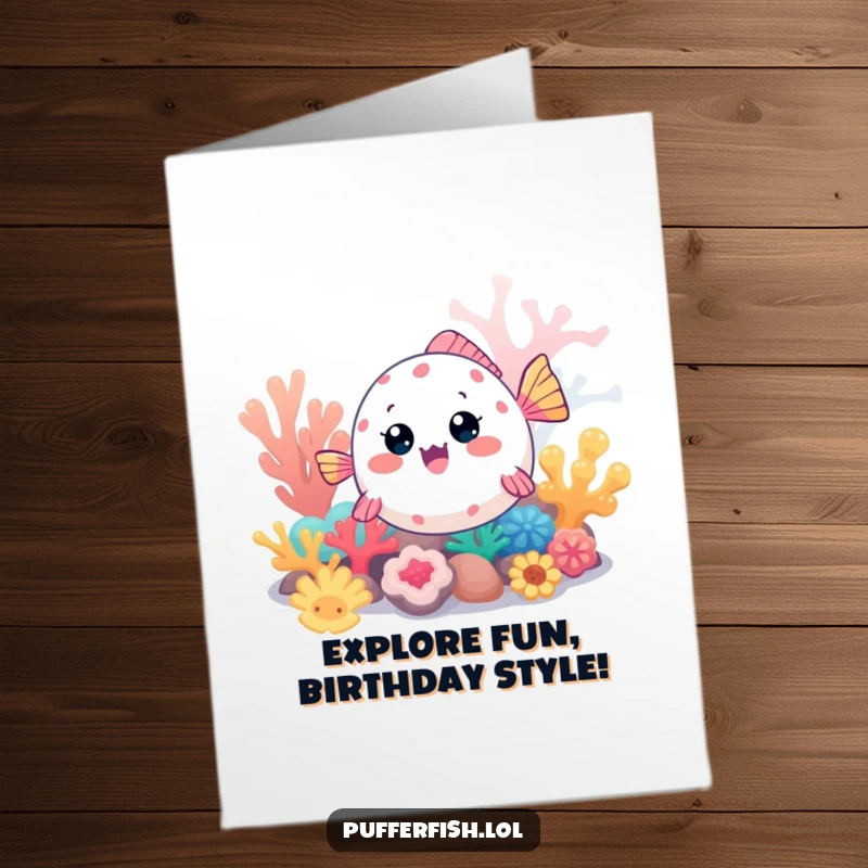 Funny Free Printable Birthday Card: Kawaii pufferfish excitedly exploring a vibrant, colorful coral reef, adding a splash of fun to your message.