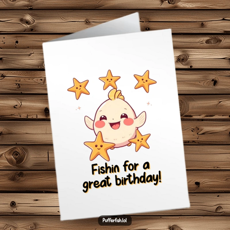 Funny Free Printable Birthday Card: Puffy fish with a huge grin enthusiastically juggles three starfish, celebrating with joy.