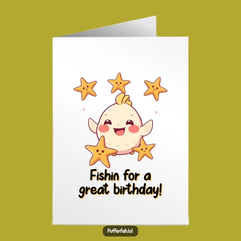Free Printable Birthday Card: Puffy Fish Juggling Starfish - Funny Downloadable Gift