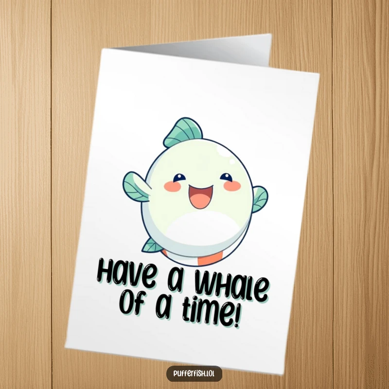 Funny Free Printable Birthday Card: Round fish character joyfully bouncing on a beach ball, embodying party spirit, a great DIY gift.