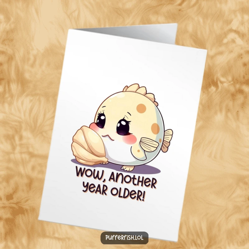 Funny Free Printable Birthday Card: A curious pufferfish character inspecting a shiny seashell with wide, amazed eyes.