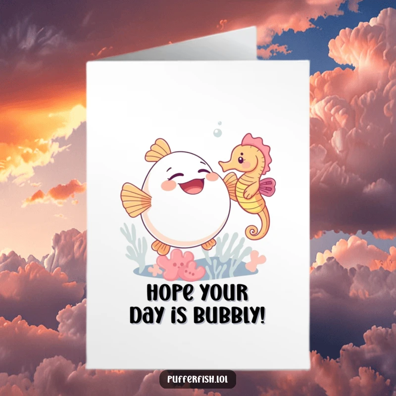 Funny Free Printable Birthday Card: A cute pufferfish giggling uncontrollably while a friendly seahorse tickles its belly, a joyous scene.