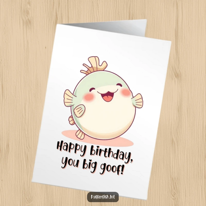 Funny Free Printable Birthday Card featuring a pufferfish rolling on its back with glee, fins in the air, a hilarious DIY gift.