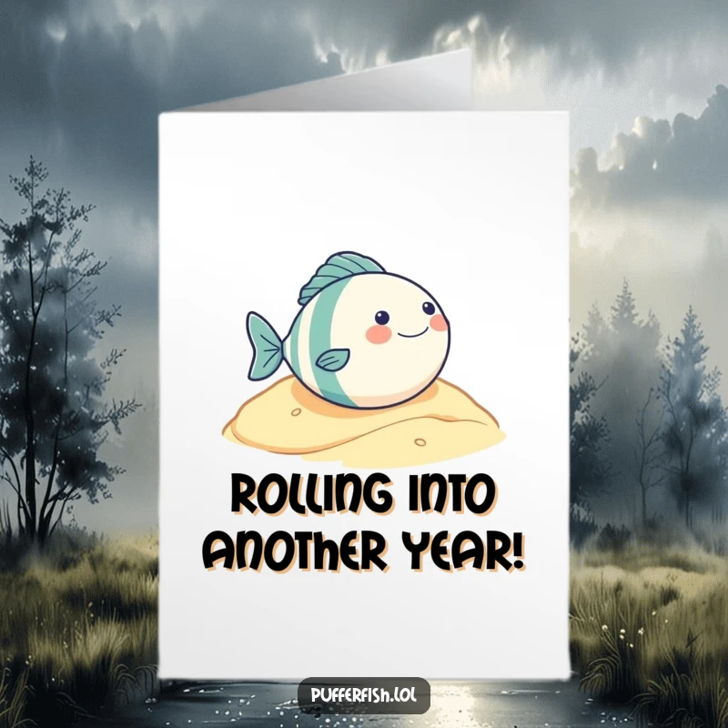 Funny Free Printable Birthday Card: A very round fish character joyfully rolling down a sandy hill with pure glee.