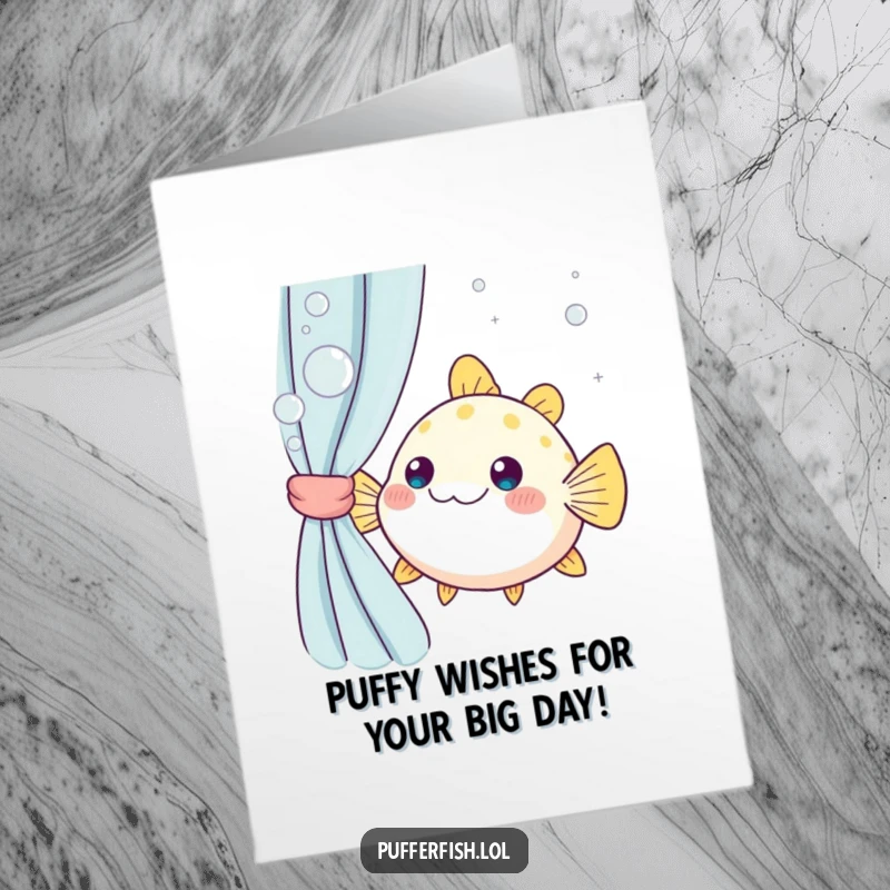 Funny Free Printable Birthday Card: Kawaii pufferfish peeking from bubbly curtain, offering a humorous and cheerful wish.