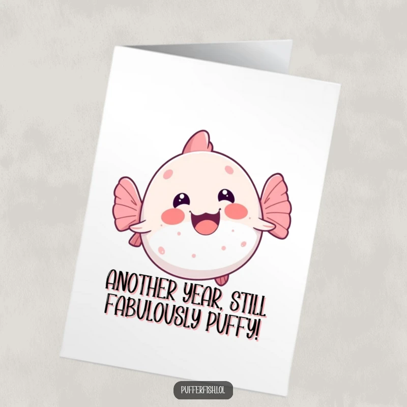 Funny Free Printable Birthday Card: Kawaii pufferfish doing a joyful, wobbly swim on its back, celebrating a silly day.