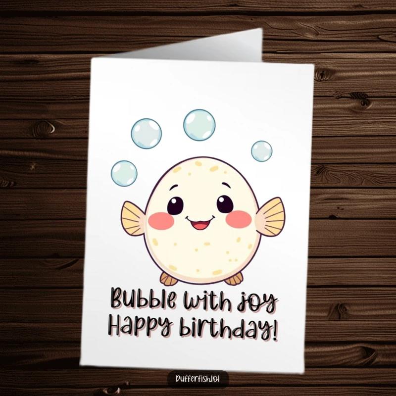Funny Free Printable Birthday Card: A cute pufferfish with a cheerful grin, expertly juggling three tiny, shimmering bubbles.