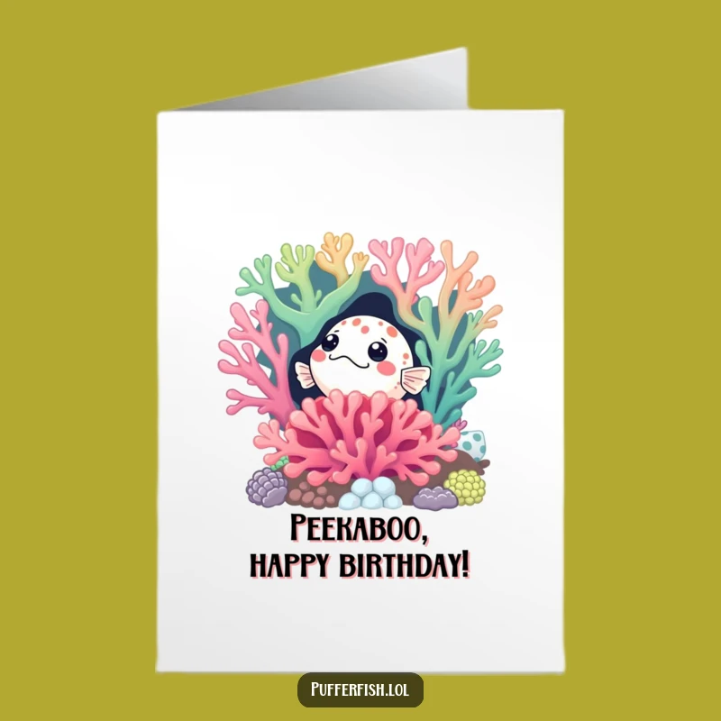 Free Printable Pufferfish Birthday Card: Curious Coral Peek Fun Downloadable