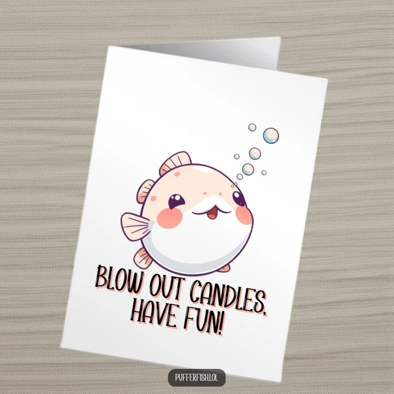 Funny Free Printable Birthday Card: Playful pufferfish blowing a stream of tiny bubbles upwards, celebrating a happy birthday.