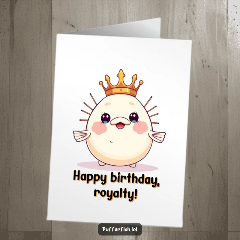 Funny Free Printable Birthday Card with a pufferfish hilariously balancing a tiny crown on its inflated head, fit for a DIY monarch.