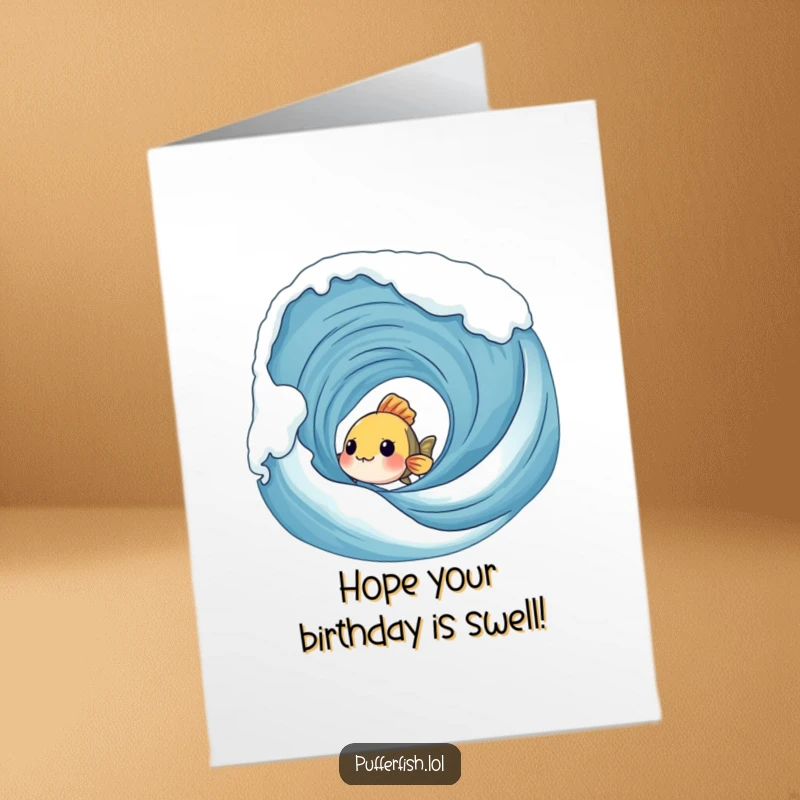 Funny Free Printable Birthday Card: A shy fish curiously peeks from behind a giant, bubbling wave on a birthday.