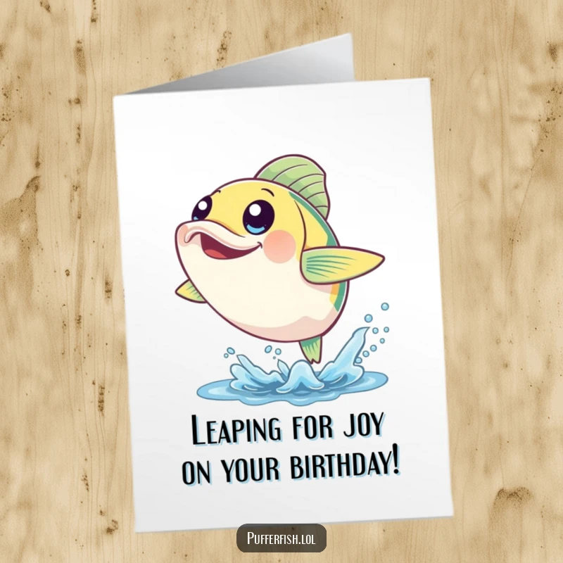 Funny Free Printable Birthday Card: A cheerful fish with big, happy eyes leaps joyfully out of the water celebrating.