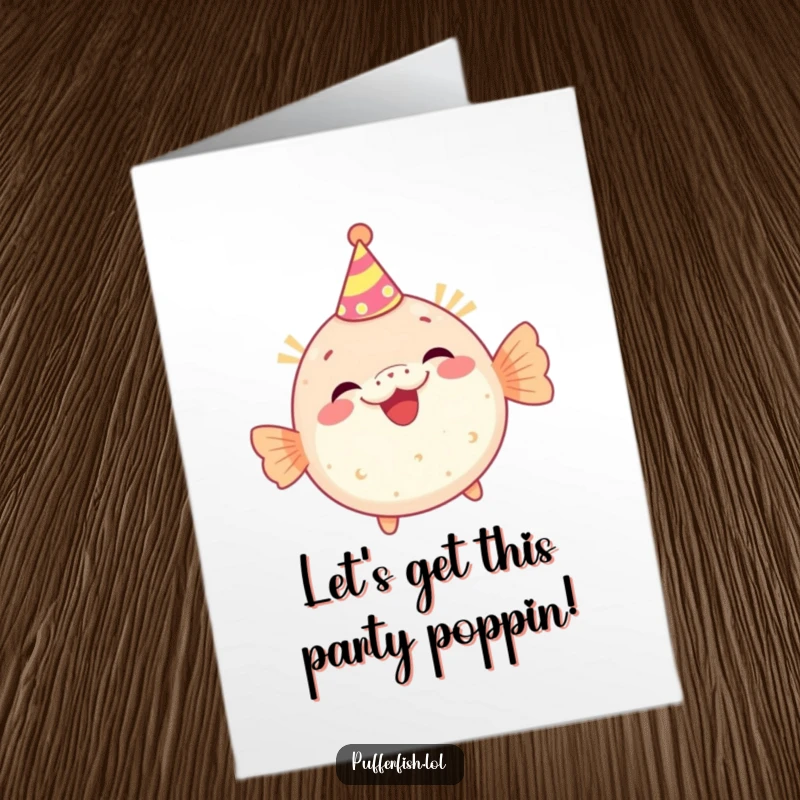 Funny Free Printable Birthday Card: A cute pufferfish wearing a tiny party hat giggles with delight, perfect for a festive and humorous birthday greeting.