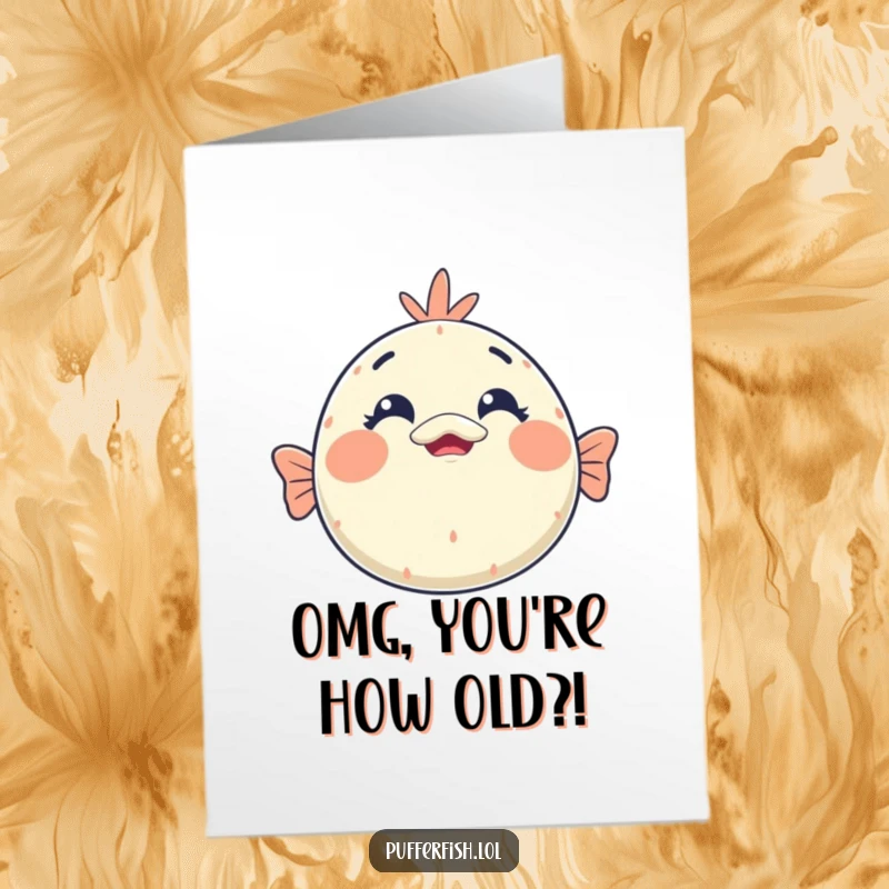 Funny Free Printable Birthday Card: A cute kawaii pufferfish face makes a comically shocked and surprised expression.