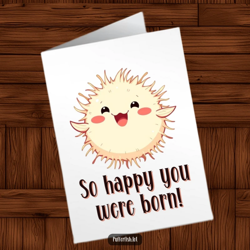 Funny Free Printable Birthday Card: A fluffy pufferfish joyfully spinning in a happy circle, ready to celebrate.