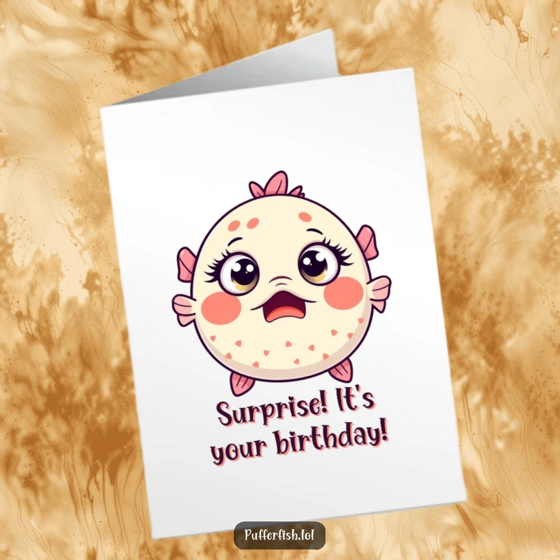 Funny Free Printable Birthday Card: Kawaii pufferfish with wide, shocked eyes and an open mouth, comically surprised and ready for a birthday bash.